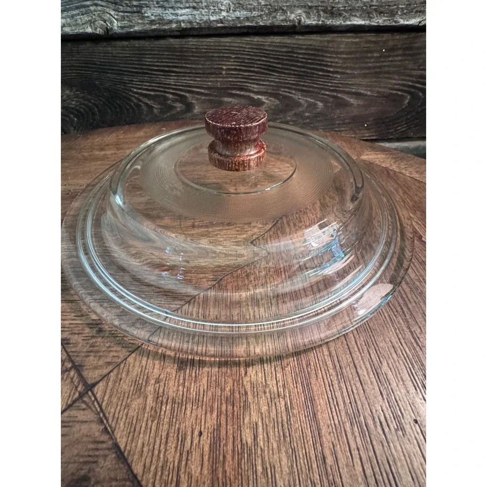 Vintage Clear Glass Pot Lid Pyrex with Wood Knob 10.25 Inch Skillet Cover
